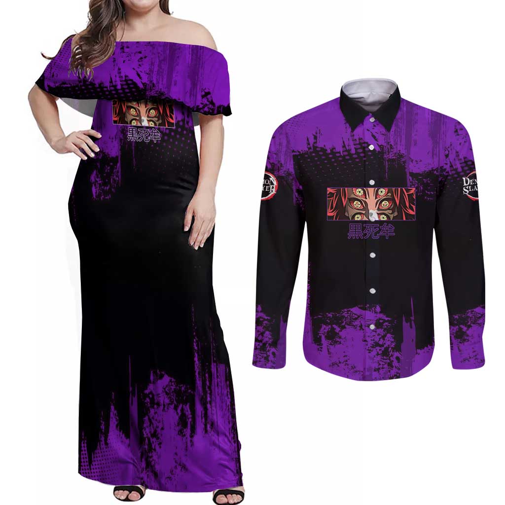 Kokushibo Demon Slayer Purple Grunge Design Couples Matching Off Shoulder Maxi Dress and Long Sleeve Button Shirt with Six Eyes Detail and Sword Pose - The Mazicc