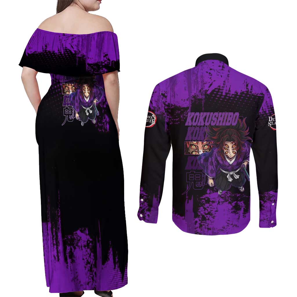 Kokushibo Demon Slayer Purple Grunge Design Couples Matching Off Shoulder Maxi Dress and Long Sleeve Button Shirt with Six Eyes Detail and Sword Pose - The Mazicc