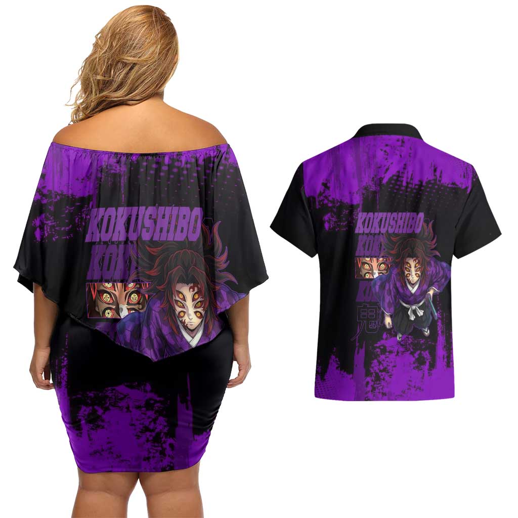 Kokushibo Demon Slayer Purple Grunge Design Couples Matching Off Shoulder Short Dress and Hawaiian Shirt with Six Eyes Detail and Sword Pose - The Mazicc