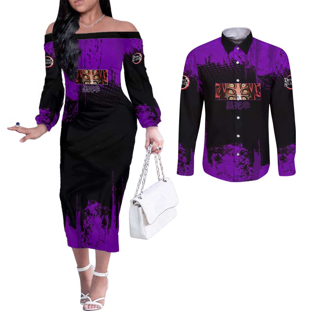 Kokushibo Demon Slayer Purple Grunge Design Couples Matching Off The Shoulder Long Sleeve Dress and Long Sleeve Button Shirt with Six Eyes Detail and Sword Pose - The Mazicc