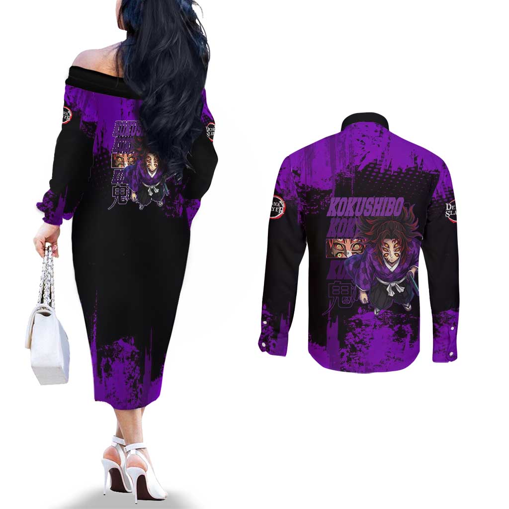 Kokushibo Demon Slayer Purple Grunge Design Couples Matching Off The Shoulder Long Sleeve Dress and Long Sleeve Button Shirt with Six Eyes Detail and Sword Pose - The Mazicc