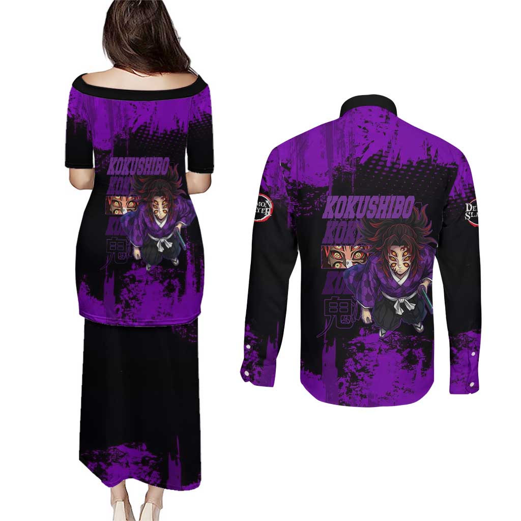 Kokushibo Demon Slayer Purple Grunge Design Couples Matching Puletasi and Long Sleeve Button Shirt with Six Eyes Detail and Sword Pose - The Mazicc