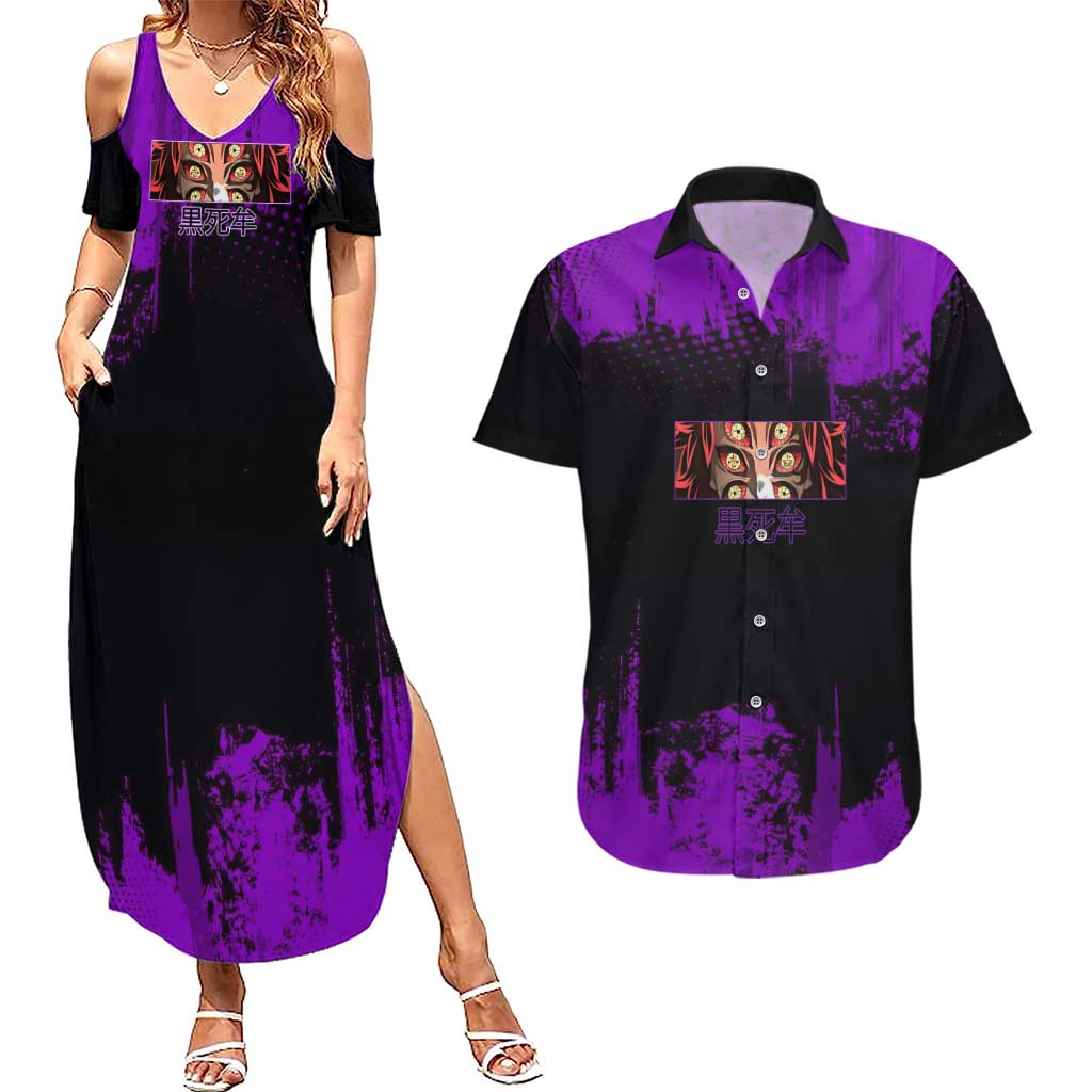 Kokushibo Demon Slayer Purple Grunge Design Couples Matching Summer Maxi Dress and Hawaiian Shirt with Six Eyes Detail and Sword Pose - The Mazicc