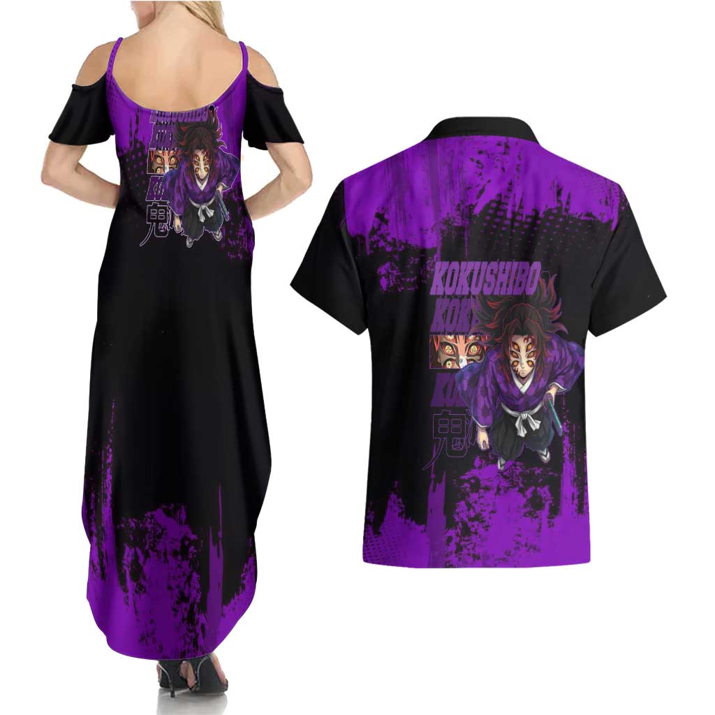 Kokushibo Demon Slayer Purple Grunge Design Couples Matching Summer Maxi Dress and Hawaiian Shirt with Six Eyes Detail and Sword Pose - The Mazicc