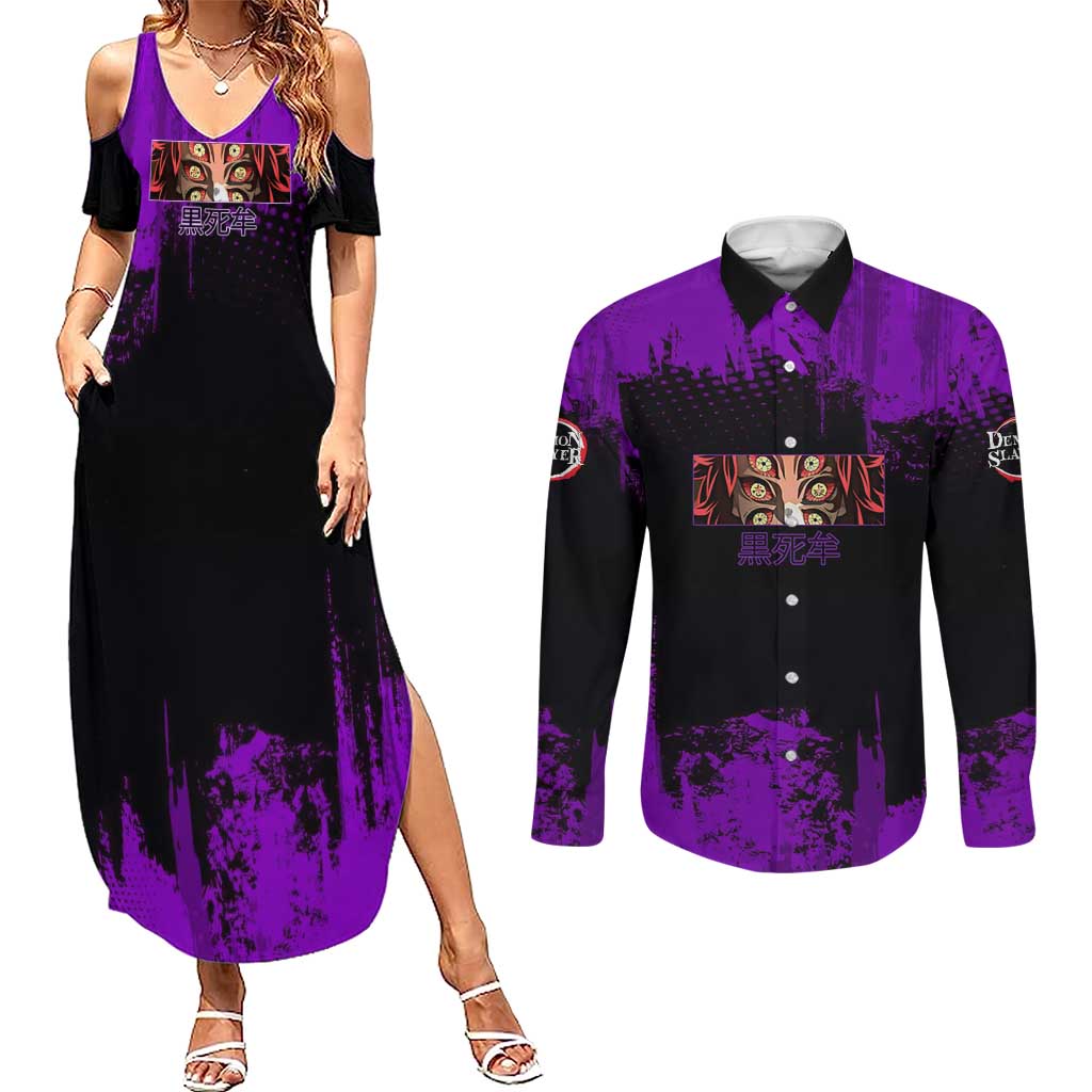 Kokushibo Demon Slayer Purple Grunge Design Couples Matching Summer Maxi Dress and Long Sleeve Button Shirt with Six Eyes Detail and Sword Pose - The Mazicc