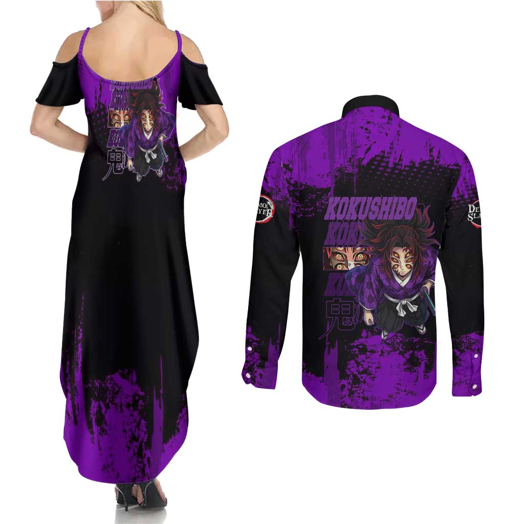 Kokushibo Demon Slayer Purple Grunge Design Couples Matching Summer Maxi Dress and Long Sleeve Button Shirt with Six Eyes Detail and Sword Pose - The Mazicc