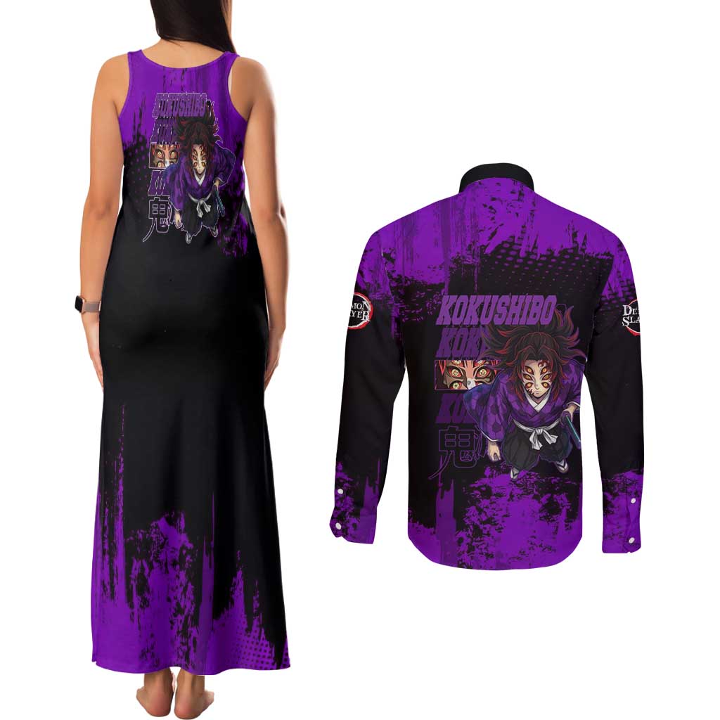 Kokushibo Demon Slayer Purple Grunge Design Couples Matching Tank Maxi Dress and Long Sleeve Button Shirt with Six Eyes Detail and Sword Pose - The Mazicc