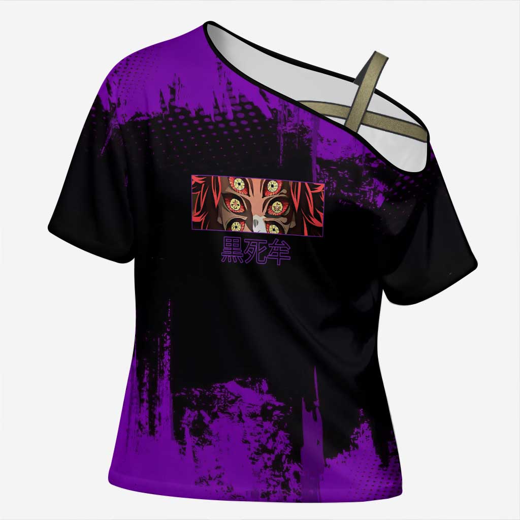 Kokushibo Demon Slayer Purple Grunge Design Cross Shoulder Shirt with Six Eyes Detail and Sword Pose - The Mazicc