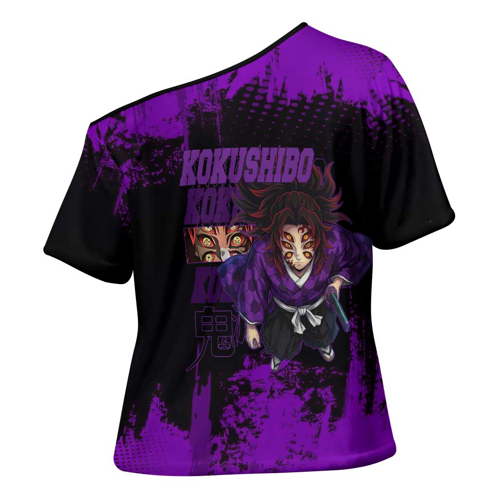 Kokushibo Demon Slayer Purple Grunge Design Cross Shoulder Shirt with Six Eyes Detail and Sword Pose - The Mazicc