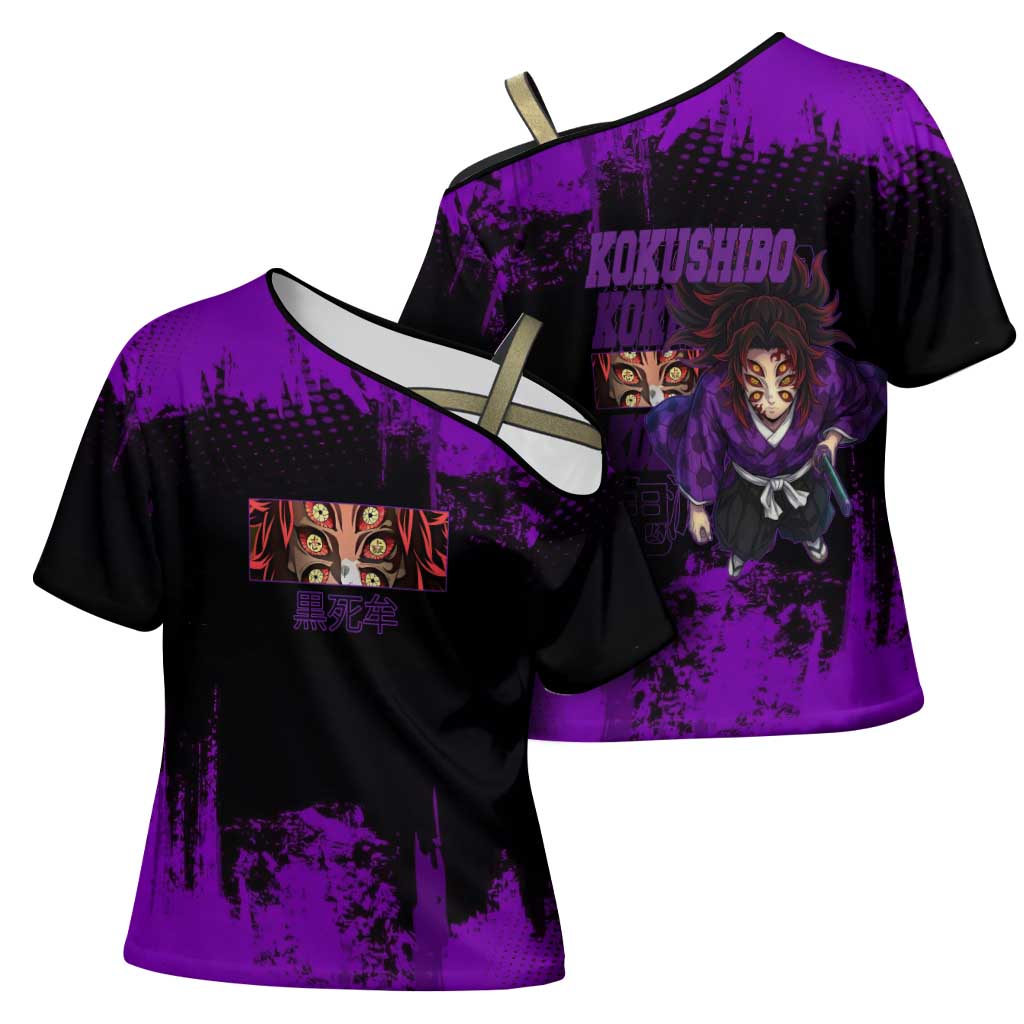 Kokushibo Demon Slayer Purple Grunge Design Cross Shoulder Shirt with Six Eyes Detail and Sword Pose - The Mazicc