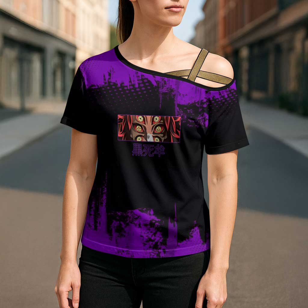 Kokushibo Demon Slayer Purple Grunge Design Cross Shoulder Shirt with Six Eyes Detail and Sword Pose - The Mazicc