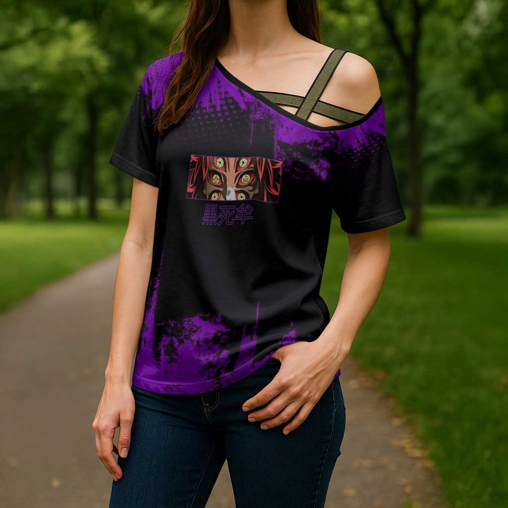Kokushibo Demon Slayer Purple Grunge Design Cross Shoulder Shirt with Six Eyes Detail and Sword Pose - The Mazicc