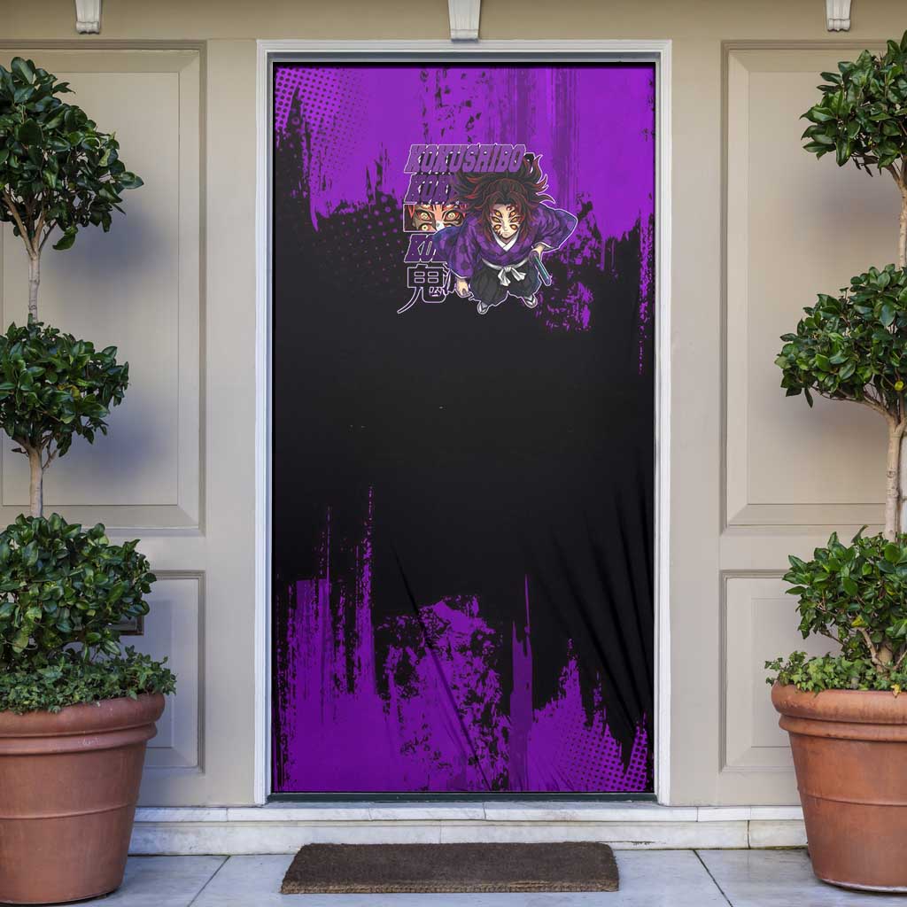 Kokushibo Demon Slayer Purple Grunge Design Door Cover with Six Eyes Detail and Sword Pose - The Mazicc