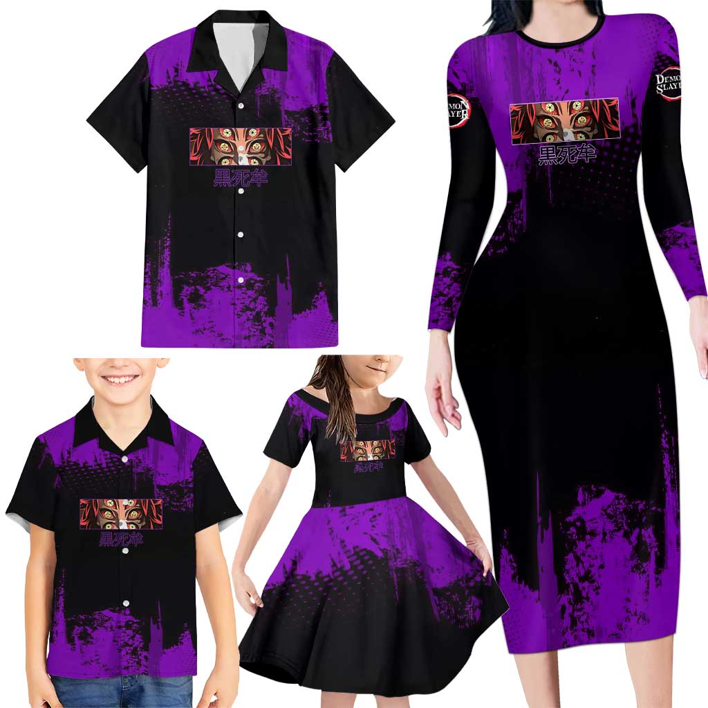 Kokushibo Demon Slayer Purple Grunge Design Family Matching Long Sleeve Bodycon Dress and Hawaiian Shirt with Six Eyes Detail and Sword Pose