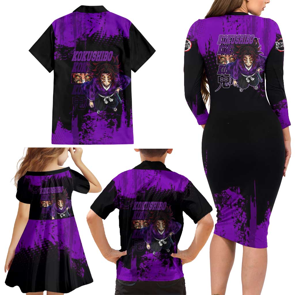 Kokushibo Demon Slayer Purple Grunge Design Family Matching Long Sleeve Bodycon Dress and Hawaiian Shirt with Six Eyes Detail and Sword Pose