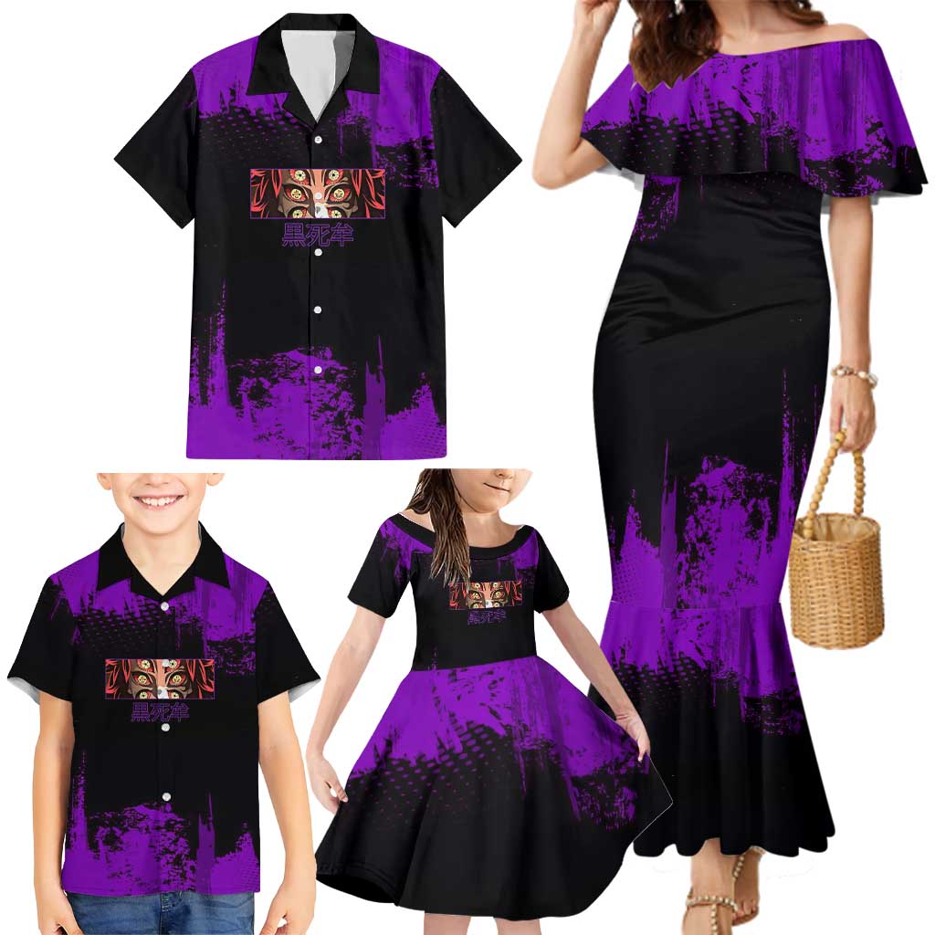 Kokushibo Demon Slayer Purple Grunge Design Family Matching Mermaid Dress and Hawaiian Shirt with Six Eyes Detail and Sword Pose