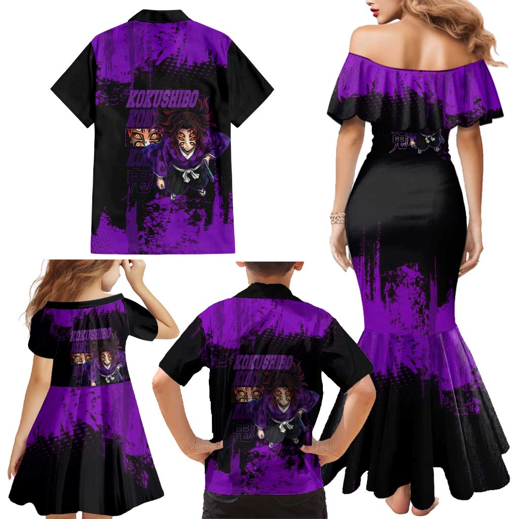 Kokushibo Demon Slayer Purple Grunge Design Family Matching Mermaid Dress and Hawaiian Shirt with Six Eyes Detail and Sword Pose