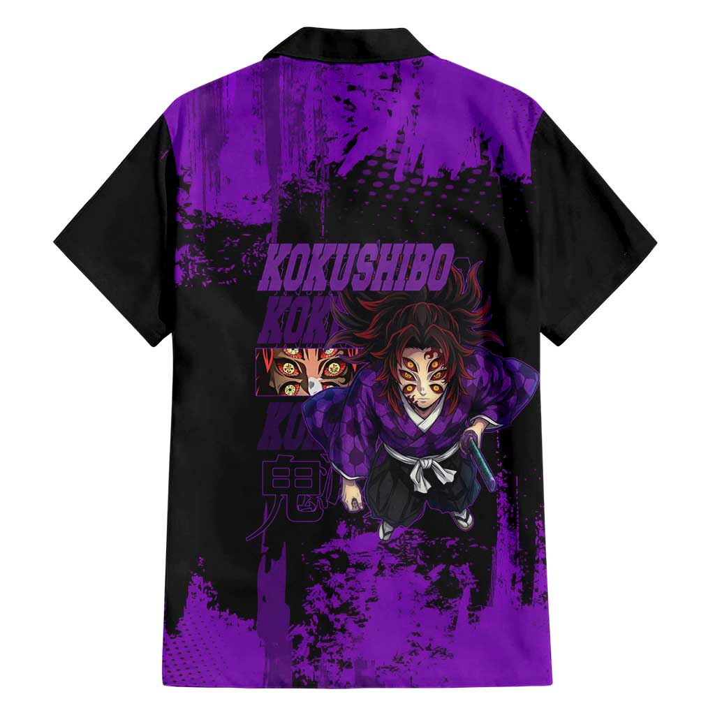 Kokushibo Demon Slayer Purple Grunge Design Family Matching Off The Shoulder Long Sleeve Dress and Hawaiian Shirt with Six Eyes Detail and Sword Pose