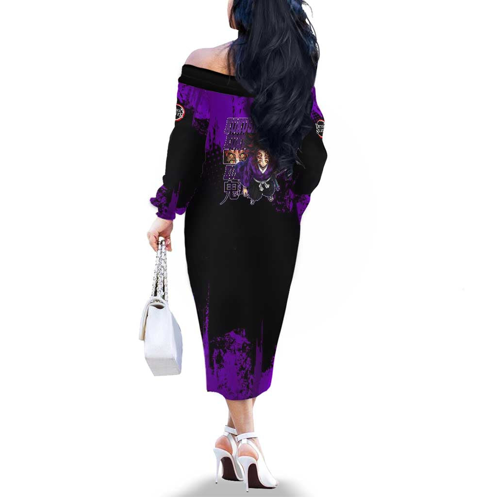 Kokushibo Demon Slayer Purple Grunge Design Family Matching Off The Shoulder Long Sleeve Dress and Hawaiian Shirt with Six Eyes Detail and Sword Pose