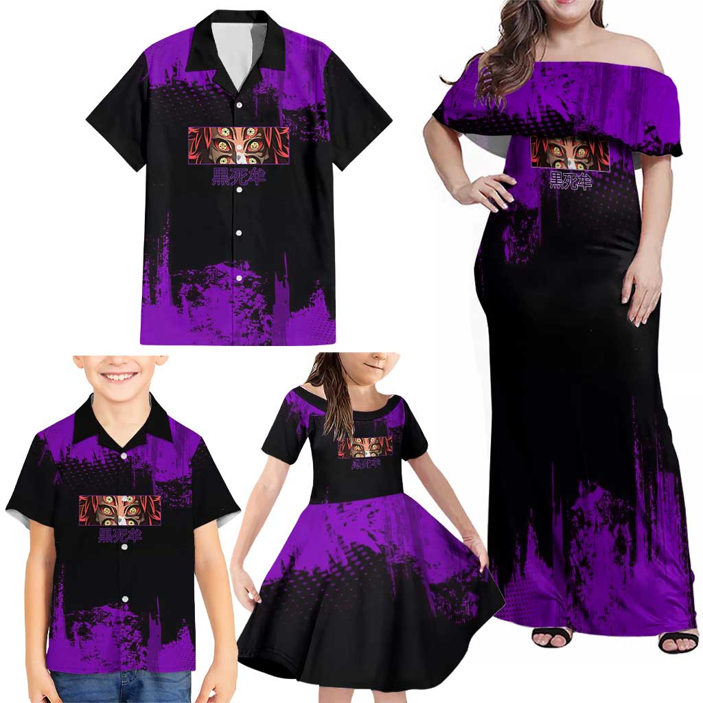 Kokushibo Demon Slayer Purple Grunge Design Family Matching Off Shoulder Maxi Dress and Hawaiian Shirt with Six Eyes Detail and Sword Pose