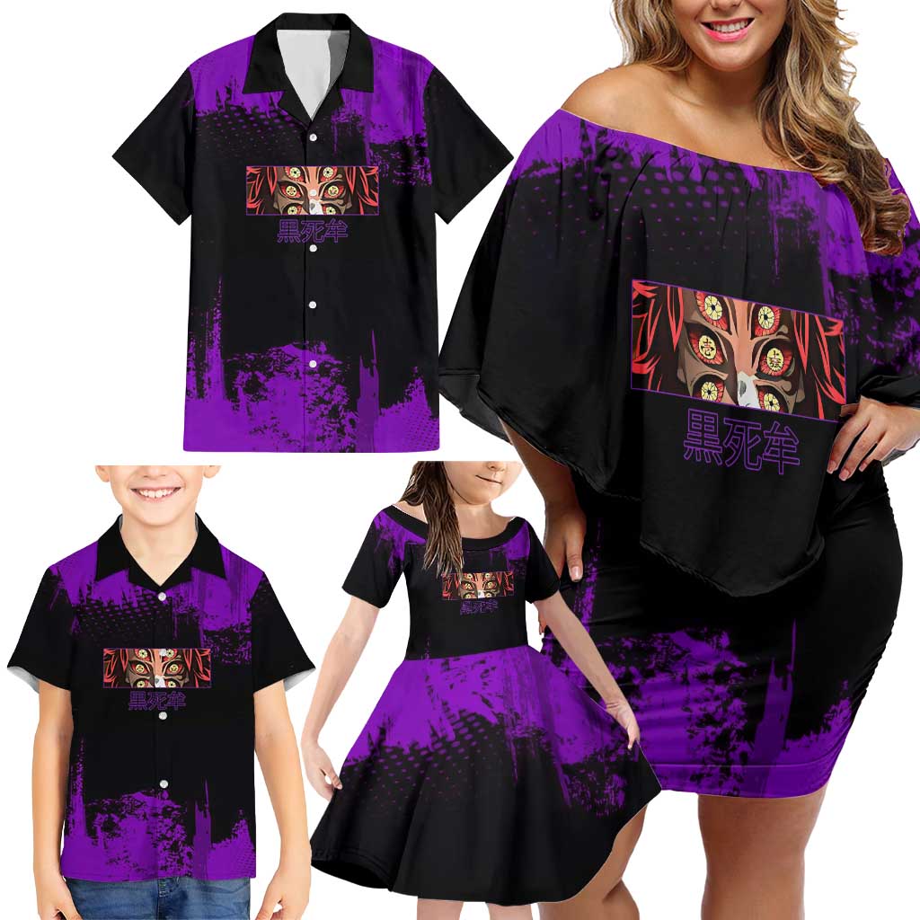 Kokushibo Demon Slayer Purple Grunge Design Family Matching Off Shoulder Short Dress and Hawaiian Shirt with Six Eyes Detail and Sword Pose
