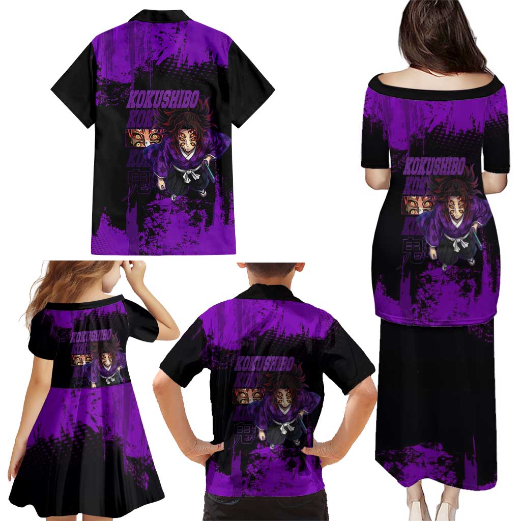 Kokushibo Demon Slayer Purple Grunge Design Family Matching Puletasi and Hawaiian Shirt with Six Eyes Detail and Sword Pose