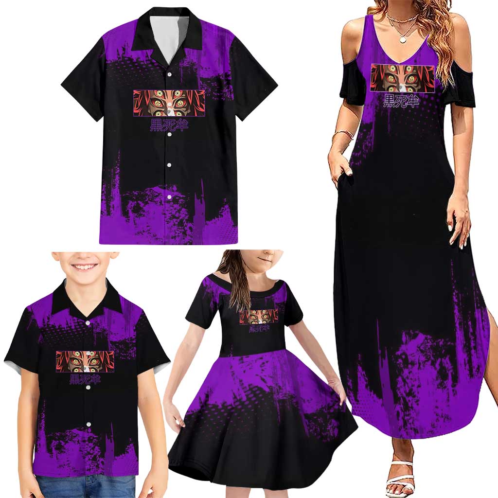 Kokushibo Demon Slayer Purple Grunge Design Family Matching Summer Maxi Dress and Hawaiian Shirt with Six Eyes Detail and Sword Pose