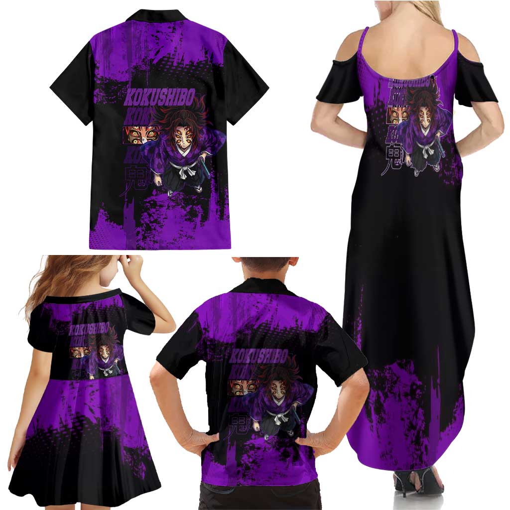 Kokushibo Demon Slayer Purple Grunge Design Family Matching Summer Maxi Dress and Hawaiian Shirt with Six Eyes Detail and Sword Pose