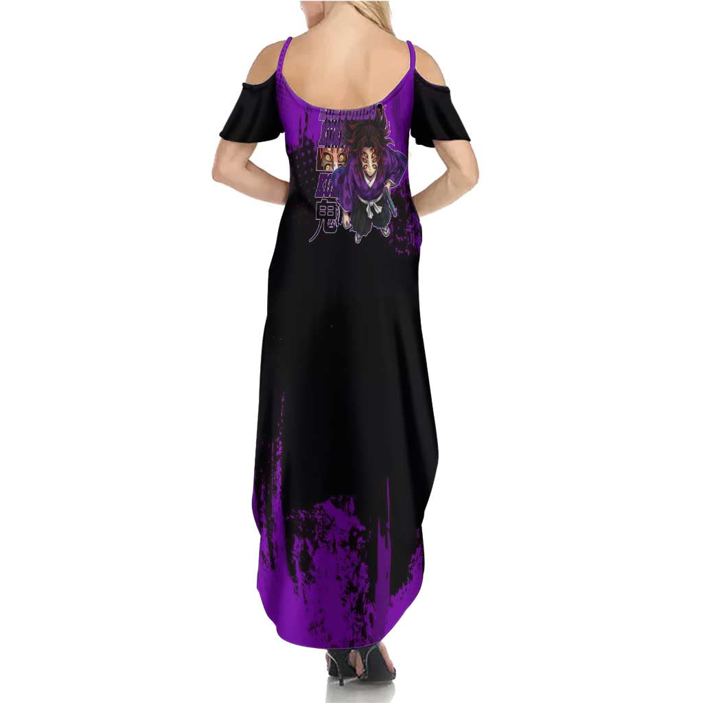 Kokushibo Demon Slayer Purple Grunge Design Family Matching Summer Maxi Dress and Hawaiian Shirt with Six Eyes Detail and Sword Pose