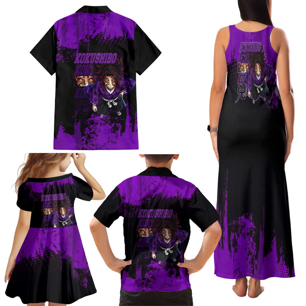Kokushibo Demon Slayer Purple Grunge Design Family Matching Tank Maxi Dress and Hawaiian Shirt with Six Eyes Detail and Sword Pose