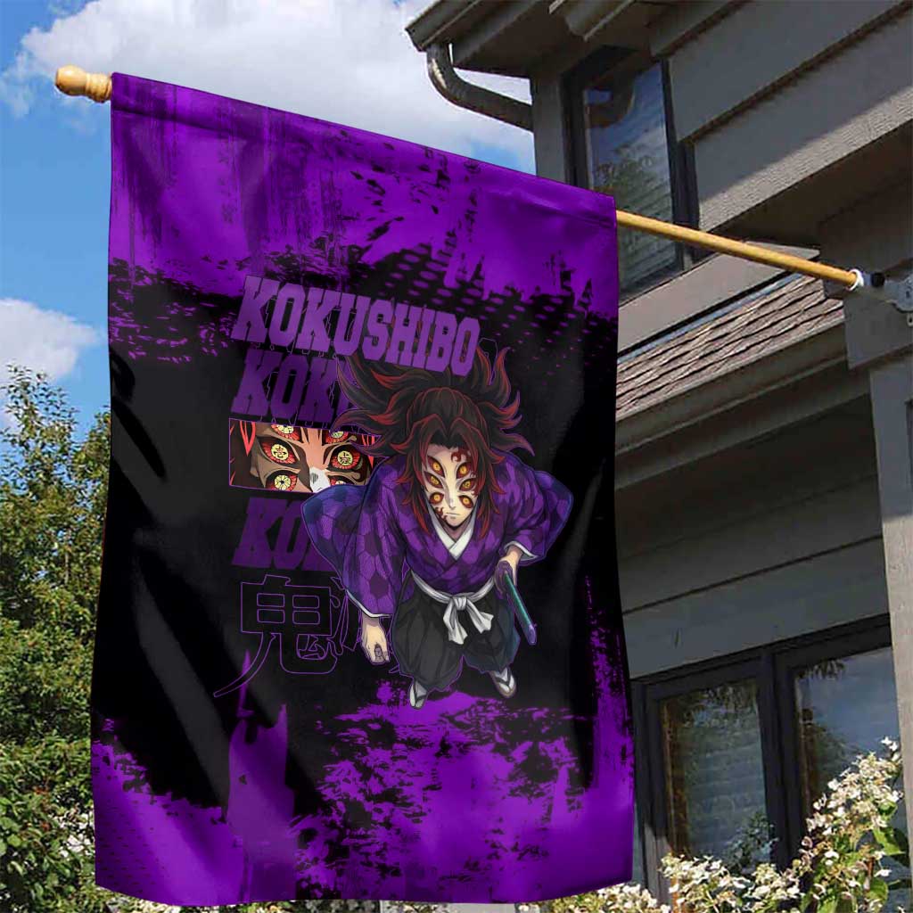 Kokushibo Demon Slayer Purple Grunge Design Garden Flag with Six Eyes Detail and Sword Pose - The Mazicc