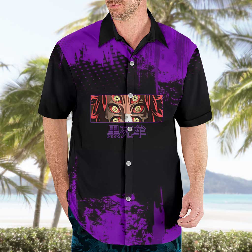 Kokushibo Demon Slayer Purple Grunge Design Hawaiian Shirt with Six Eyes Detail and Sword Pose - The Mazicc