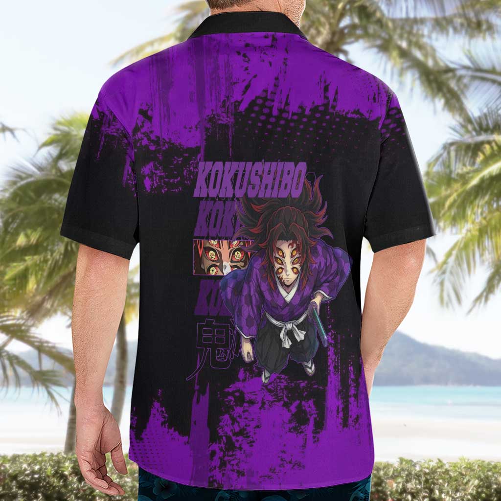 Kokushibo Demon Slayer Purple Grunge Design Hawaiian Shirt with Six Eyes Detail and Sword Pose - The Mazicc