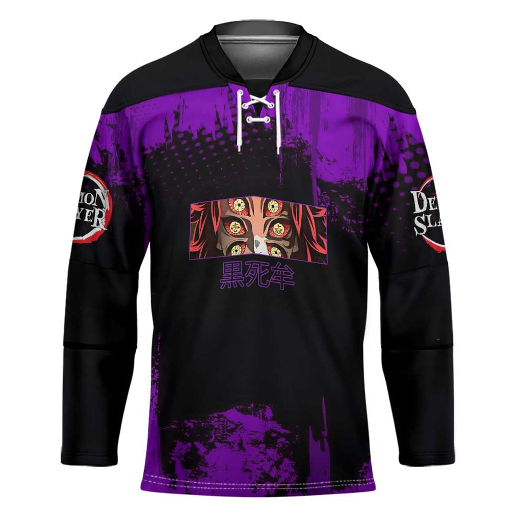 Kokushibo Demon Slayer Purple Grunge Design Hockey Jersey with Six Eyes Detail and Sword Pose - The Mazicc