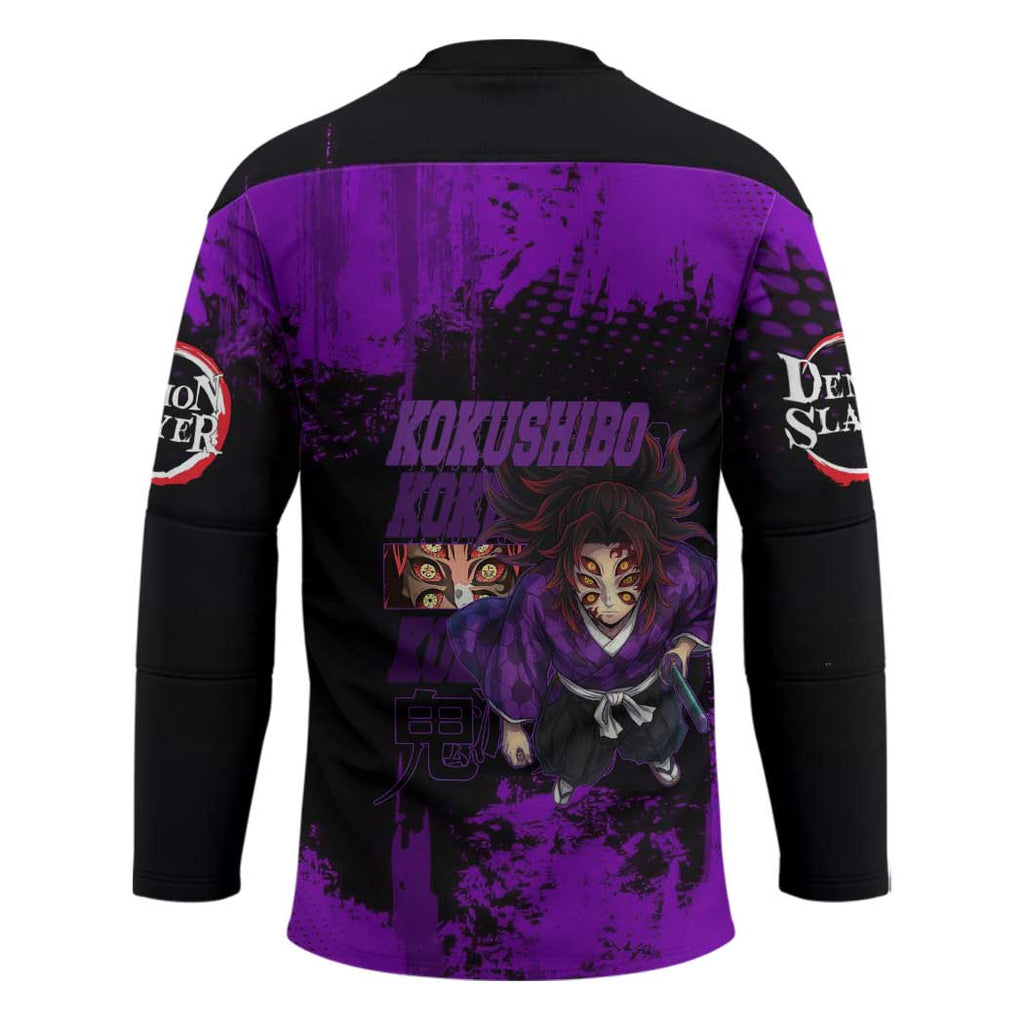 Kokushibo Demon Slayer Purple Grunge Design Hockey Jersey with Six Eyes Detail and Sword Pose - The Mazicc