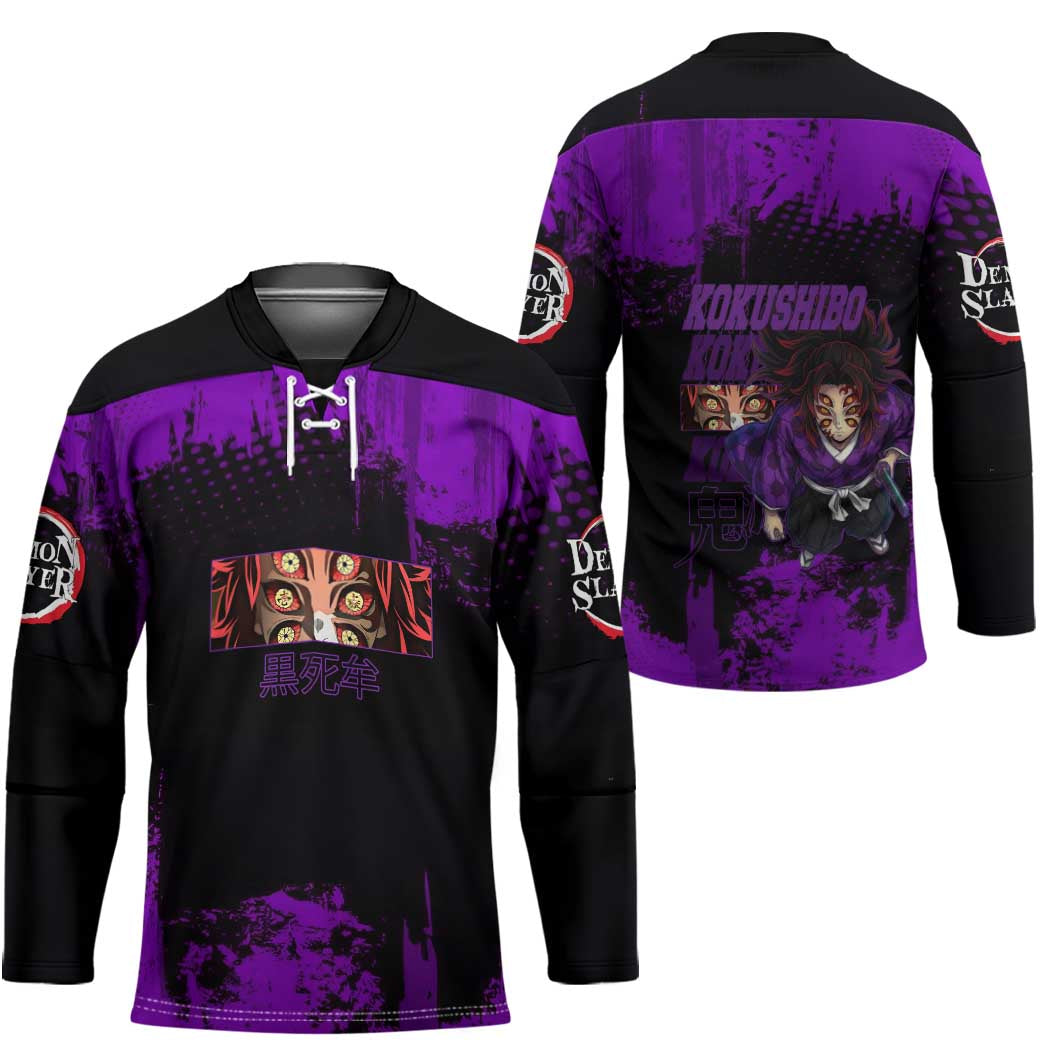 Kokushibo Demon Slayer Purple Grunge Design Hockey Jersey with Six Eyes Detail and Sword Pose - The Mazicc