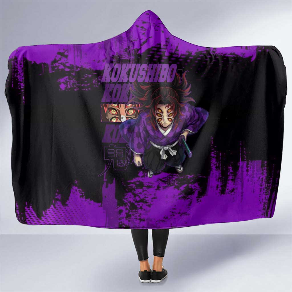 Kokushibo Demon Slayer Purple Grunge Design Hooded Blanket with Six Eyes Detail and Sword Pose - The Mazicc