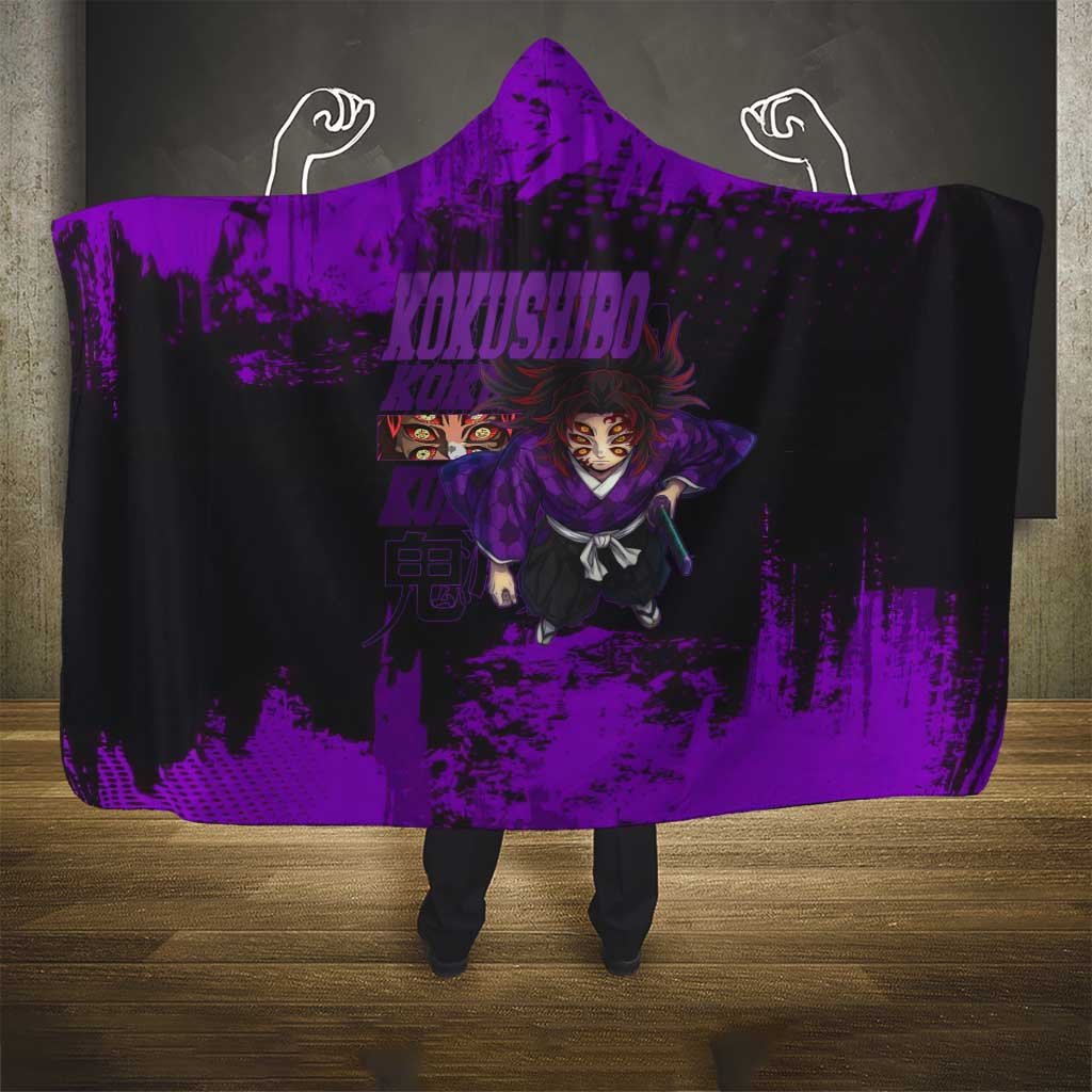 Kokushibo Demon Slayer Purple Grunge Design Hooded Blanket with Six Eyes Detail and Sword Pose - The Mazicc
