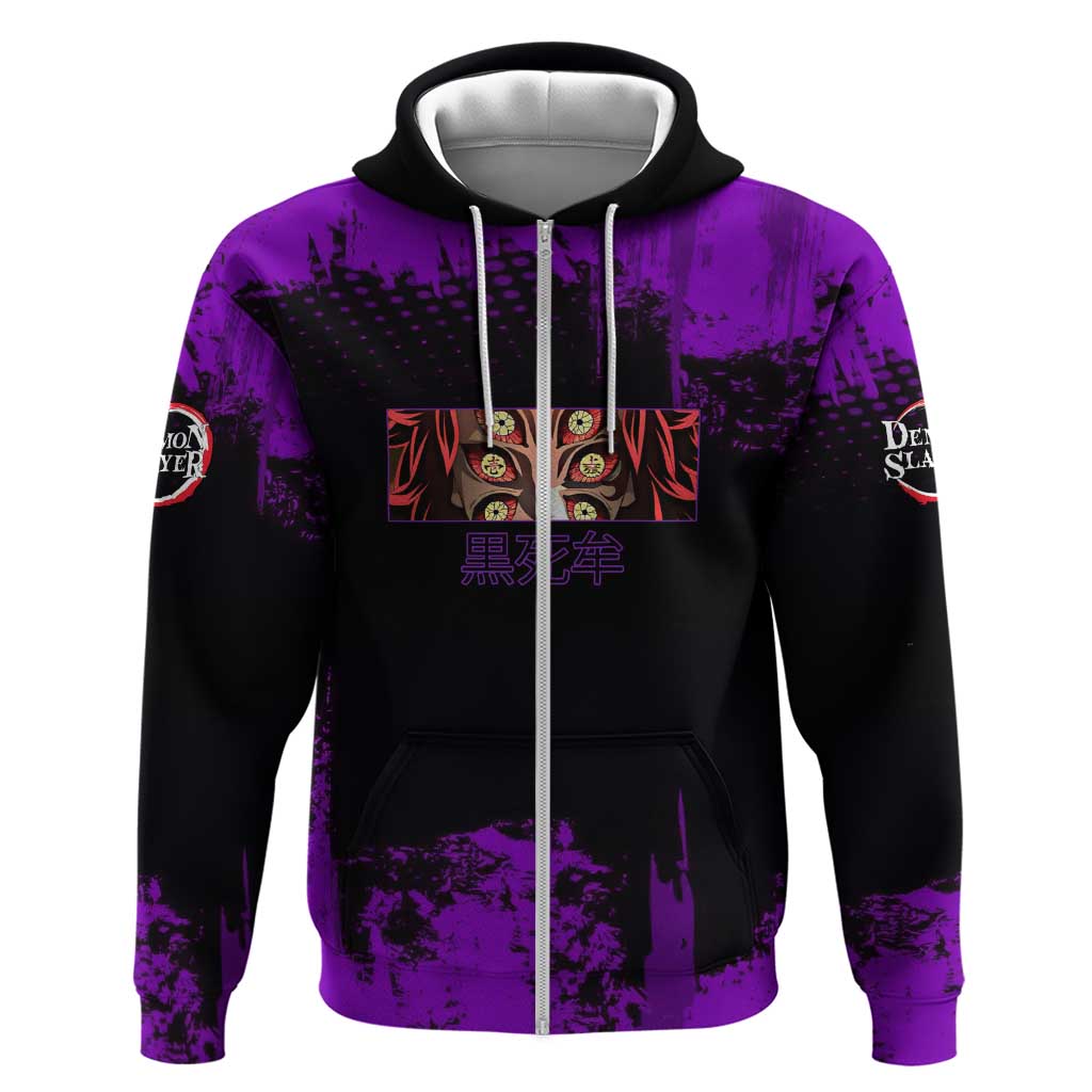Kokushibo Demon Slayer Purple Grunge Design Hoodie with Six Eyes Detail and Sword Pose - The Mazicc