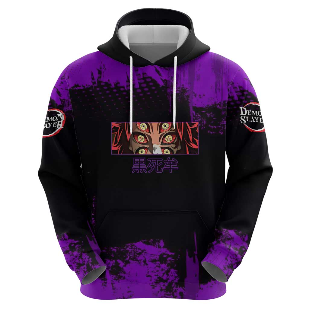 Kokushibo Demon Slayer Purple Grunge Design Hoodie with Six Eyes Detail and Sword Pose - The Mazicc