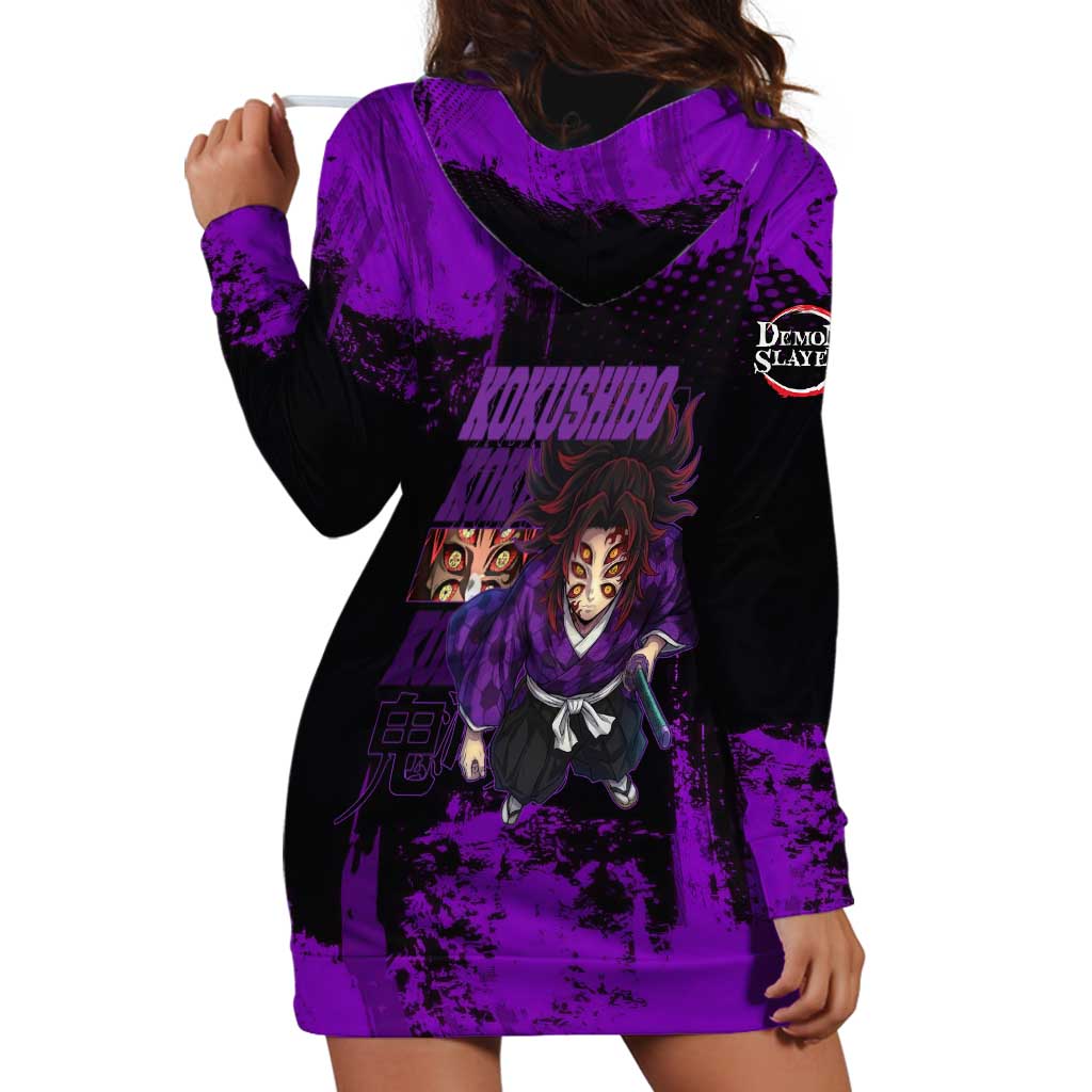 Kokushibo Demon Slayer Purple Grunge Design Hoodie Dress with Six Eyes Detail and Sword Pose - The Mazicc