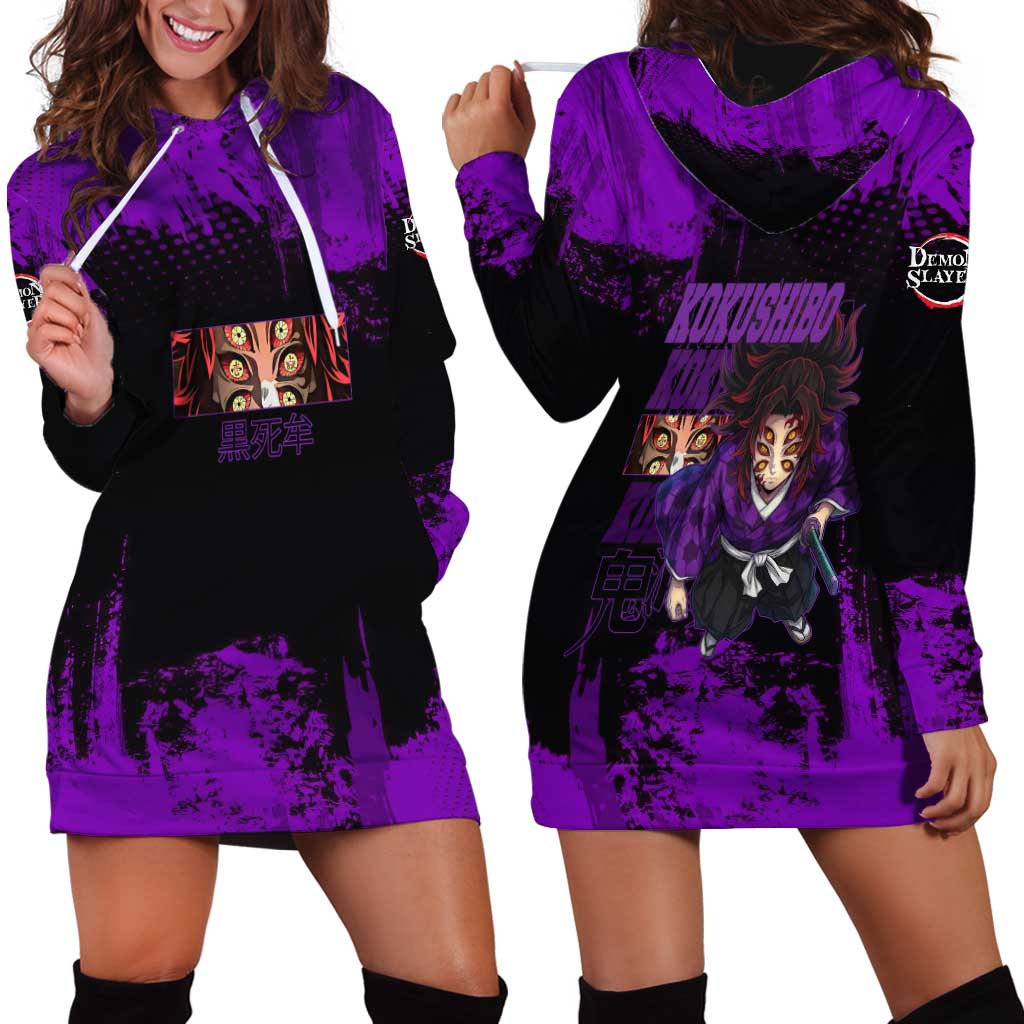 Kokushibo Demon Slayer Purple Grunge Design Hoodie Dress with Six Eyes Detail and Sword Pose - The Mazicc