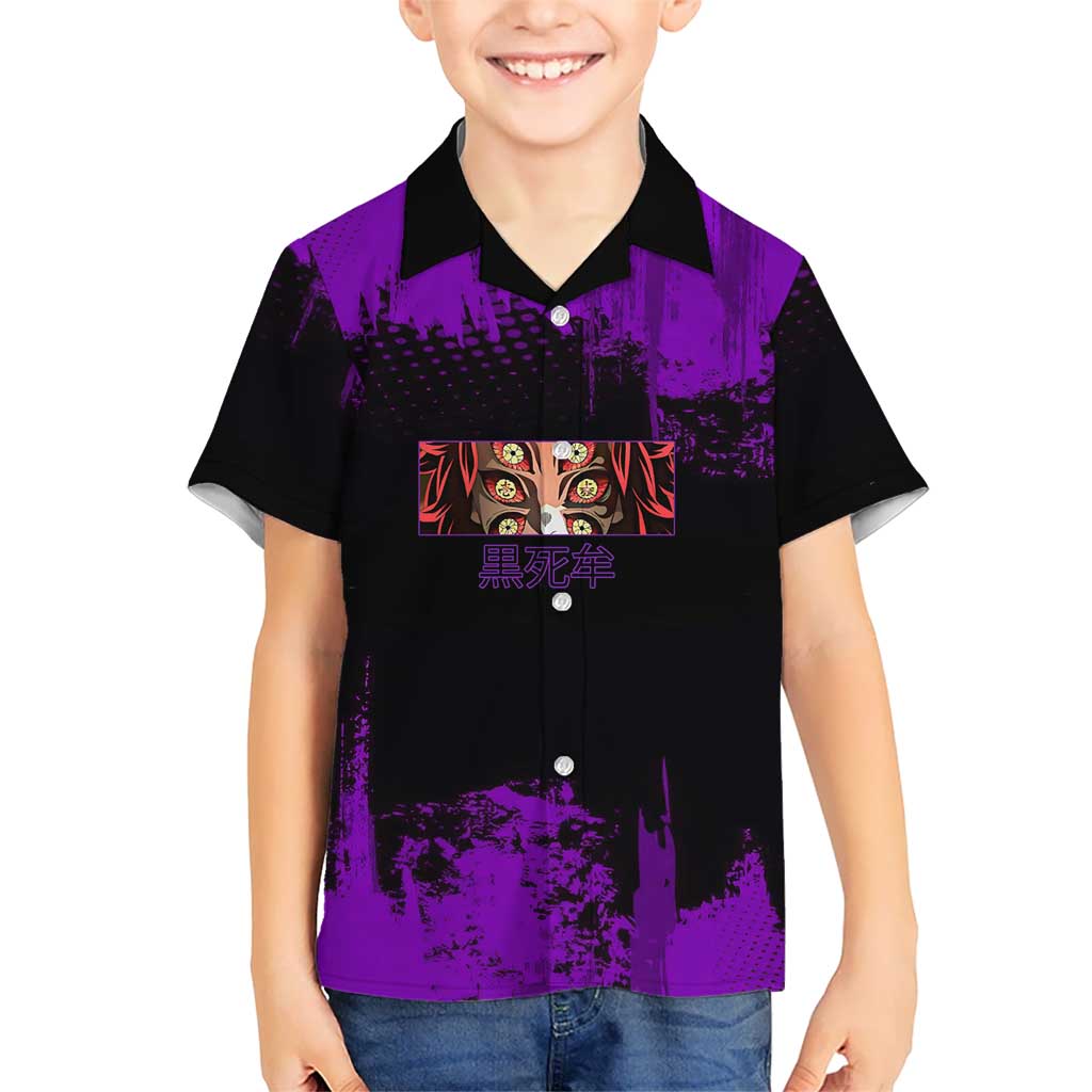 Kokushibo Demon Slayer Purple Grunge Design Kid Hawaiian Shirt with Six Eyes Detail and Sword Pose - The Mazicc