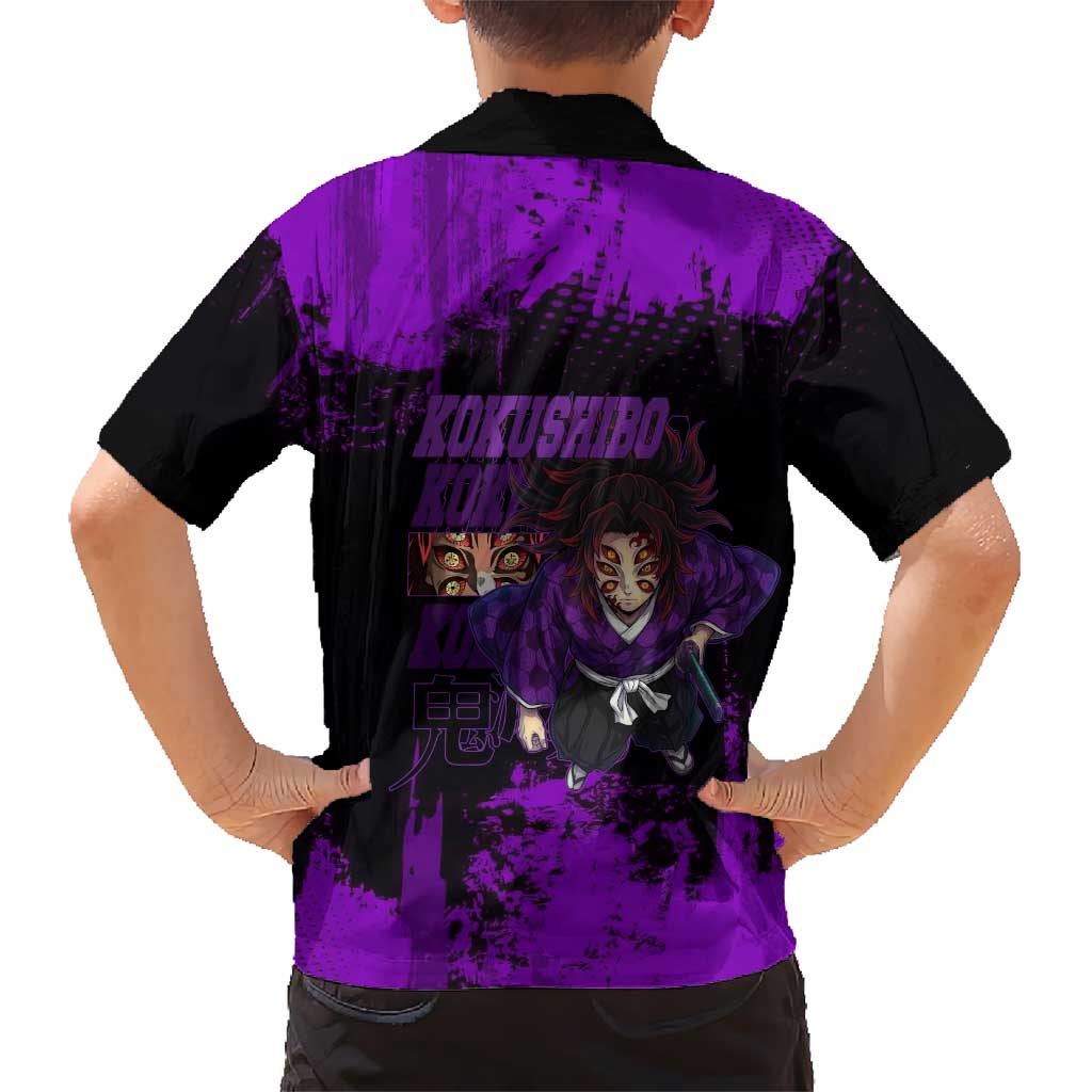 Kokushibo Demon Slayer Purple Grunge Design Kid Hawaiian Shirt with Six Eyes Detail and Sword Pose - The Mazicc