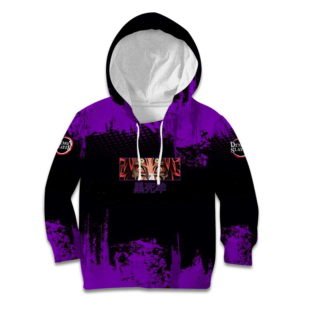 Kokushibo Demon Slayer Purple Grunge Design Kid Hoodie with Six Eyes Detail and Sword Pose - The Mazicc