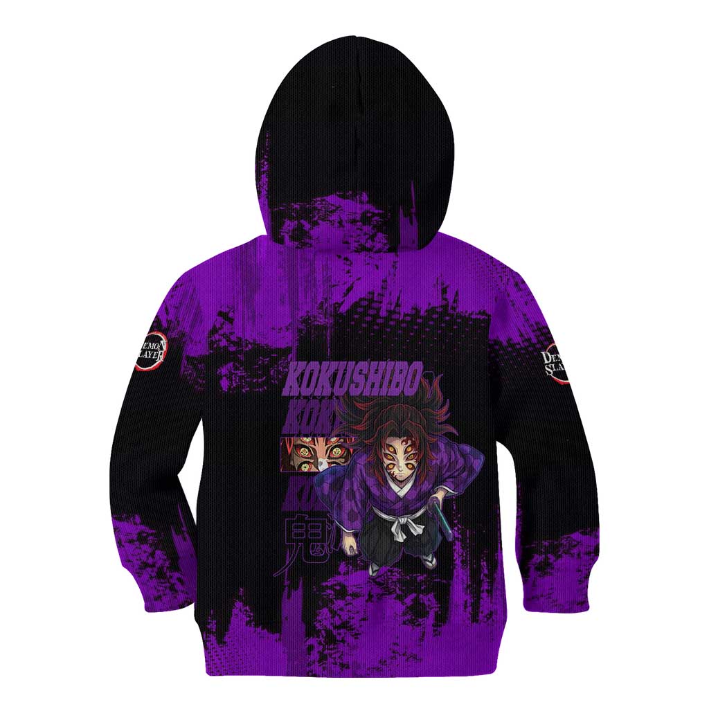 Kokushibo Demon Slayer Purple Grunge Design Kid Hoodie with Six Eyes Detail and Sword Pose - The Mazicc