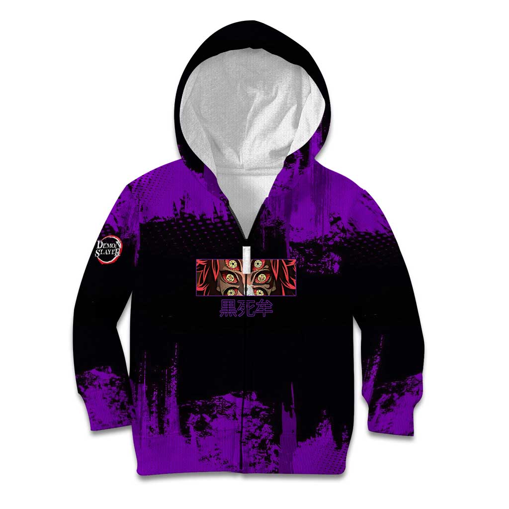 Kokushibo Demon Slayer Purple Grunge Design Kid Hoodie with Six Eyes Detail and Sword Pose - The Mazicc