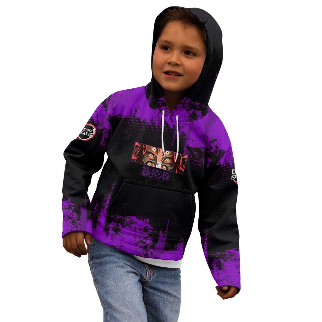 Kokushibo Demon Slayer Purple Grunge Design Kid Hoodie with Six Eyes Detail and Sword Pose - The Mazicc