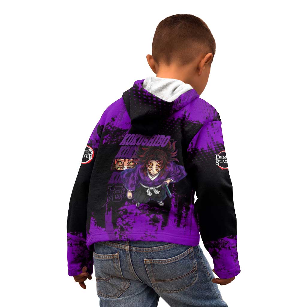 Kokushibo Demon Slayer Purple Grunge Design Kid Hoodie with Six Eyes Detail and Sword Pose - The Mazicc