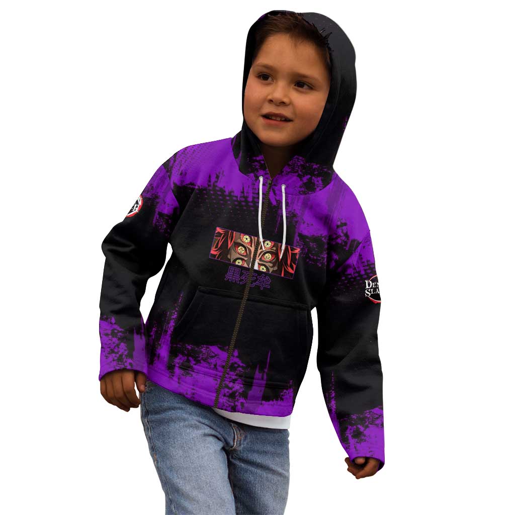 Kokushibo Demon Slayer Purple Grunge Design Kid Hoodie with Six Eyes Detail and Sword Pose - The Mazicc